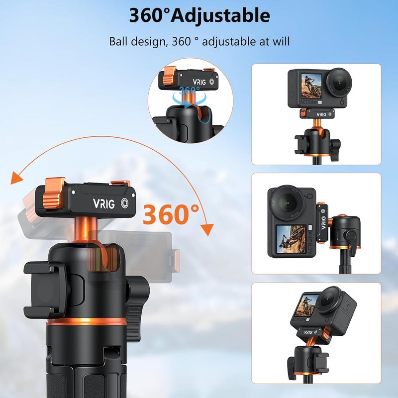 VRIG Action Camera Selfie Stick Tripod for DJI Osmo Nano/Action 6, Dual-Direction Magnetic Quick Release Adapter 360° Ball Head & Cold Shoe Mount, 8 to 21 inches Extendable Rod, AC-40N - Image 3